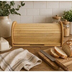 Kamenstein Natural Hardwood Roll Top Bread Box Countertop Storage Box Vintage